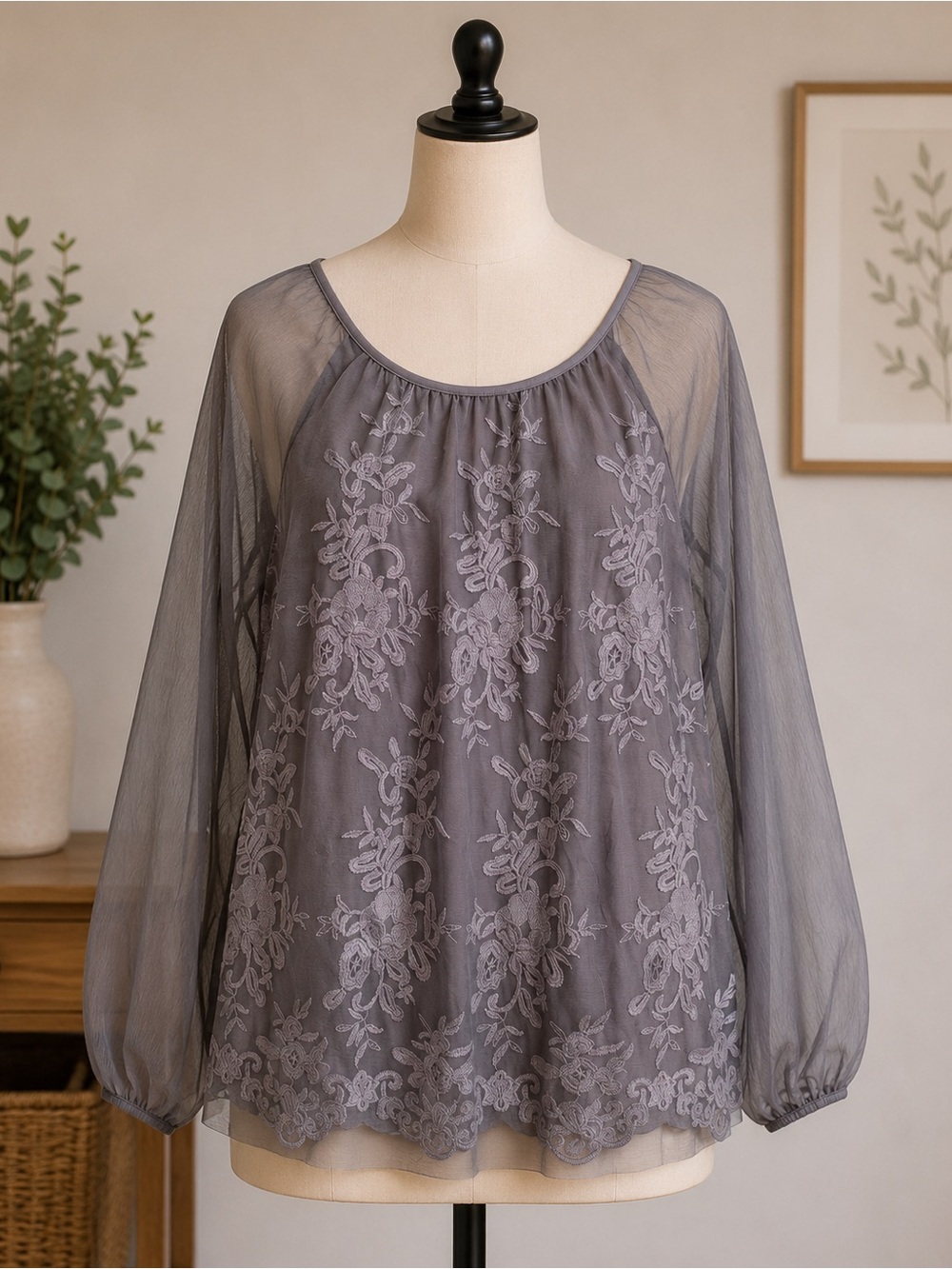 Plus-Size Gray Embroidered Sheer-Sleeve Blouse